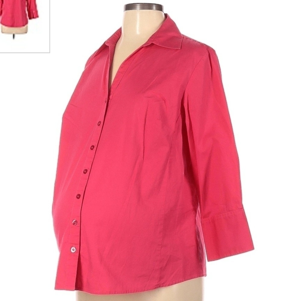 Duo Maternity Stretch Pink Collared Button Shirt Women's Large L Career Office